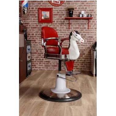 Fauteuil enfant barbier vintage avec tete de cheval pour salon de coiffure et barber