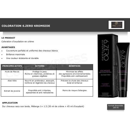 fiche Coloration professionnelle pour cheveux  Kromside 6 Zéro.couverture cheveux blancs