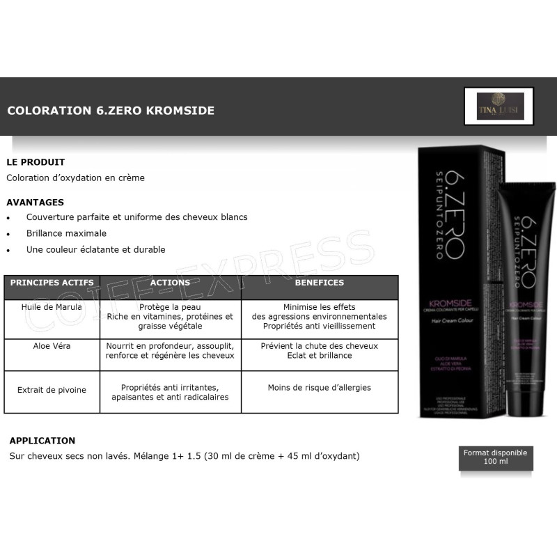 fiche Coloration professionnelle pour cheveux  Kromside 6 Zéro.couverture cheveux blancs
