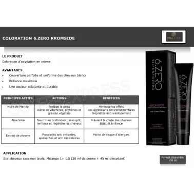 fiche Coloration professionnelle pour cheveux  Kromside 6 Zéro.couverture cheveux blancs