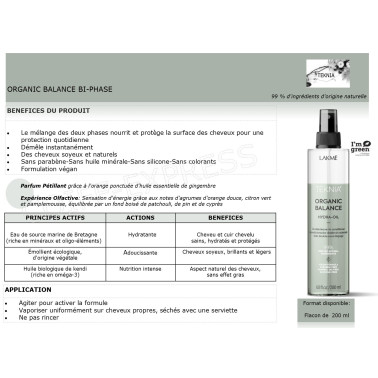 fiche spray hydratant cheveux Bi-phase Organic Balance Teknia marque Lakmé