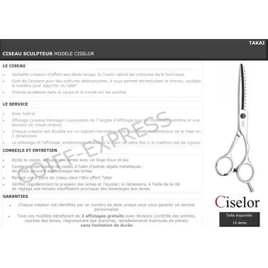 Fiche ciseau sculpteur cheveux professionnel pour salon de coiffure. 2 affûtages offerts. Takai modèle Ciselor