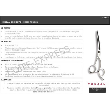 Fiche ciseau de coupe professionnel pour cheveux Takai modèle Toucan