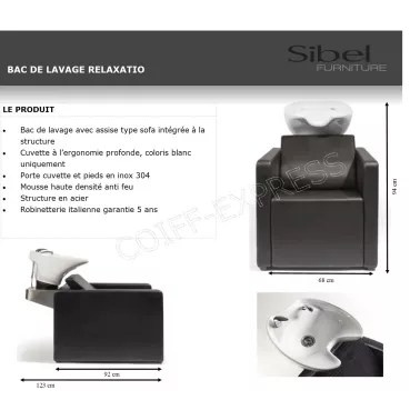 Fiche bac coiffure pour cheveux professionnel. Mobilier pour coiffeur. Relaxatio marque Sibel 
