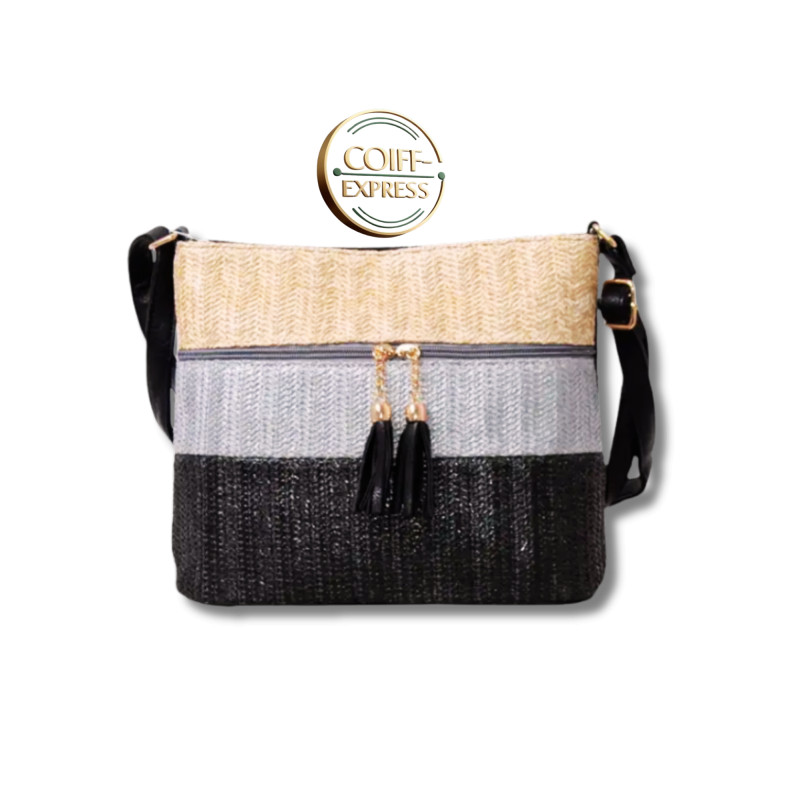 Sac bandouliere raphia et pompon noir
