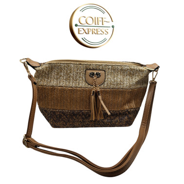 Sac en bandoulière raphia pompon marron