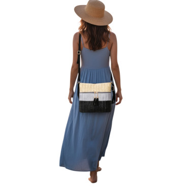 Sac bandouliere raphia et pompon noir