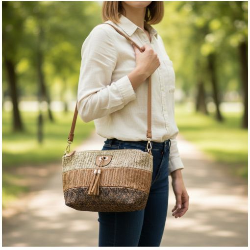 Sac en bandoulière raphia pompon marron