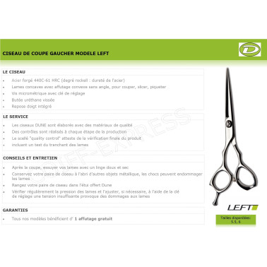 Ciseau de coupe professionnel pour salon de coiffure. Lames rasoir. Modèle Left 6