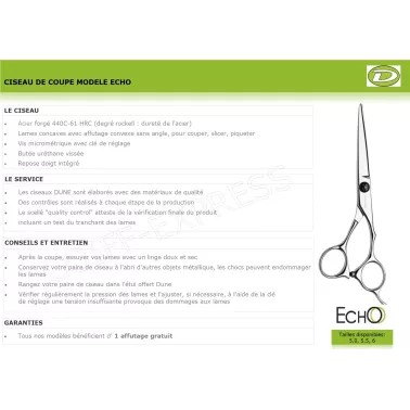 Fiche Ciseau de coupe  professionnel pour salon de coiffure. Lames rasoir. Modèle Echo