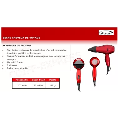 Fiche mini sèche cheveux Dreox Rouge ou Noir 