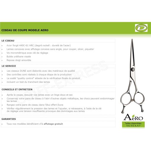 Ciseau de coupe droit professionnel pour salon de coiffure. Lames rasoir. Modèle Aéro