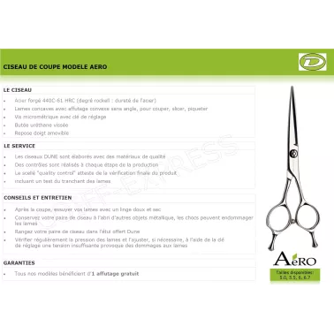 Fiche Ciseau de coupe professionnel pour salon de coiffure. Lames rasoir. Modèle Aéro
