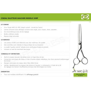 Ciseau sculpteur gaucher professionnel pour coiffeur. Modèle Jump36tl  Dune