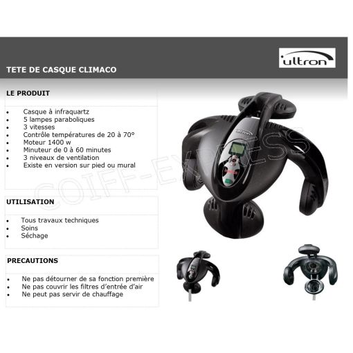 Fiche casque infraquartz pour soins et déco  Climaco pour cheveux spécial coiffeur