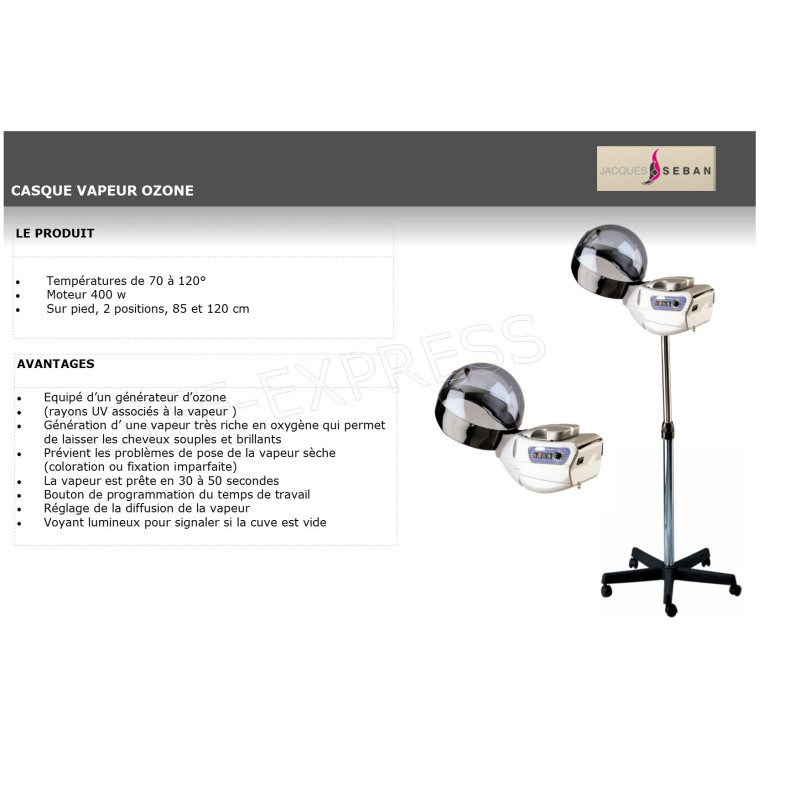 Fiche casque Vapeur pour soins et traitement cheveux Ozone sur pied jacques seban