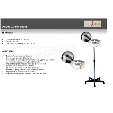 Fiche casque Vapeur pour soins et traitement cheveux Ozone sur pied jacques seban