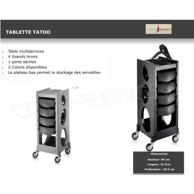 Fiche table de service coloration et permanente Tatoo pour salon de coiffure
